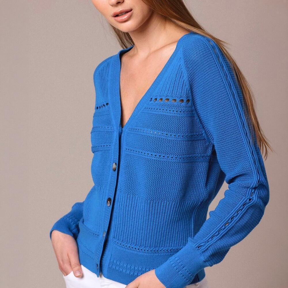 Minnie Rose Blue Cotton Cashmere Pointelle Cardigan Sweater Size M